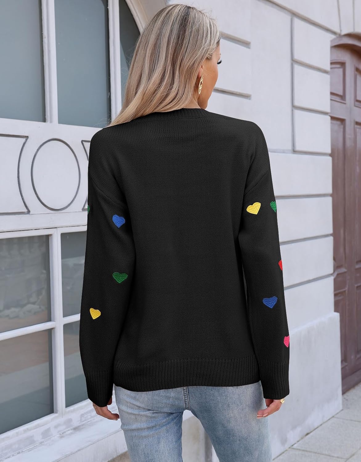 Women's Embroidered Sweater Long Sleeve Crew Neck Colorful Cute Heart Pullover Sweaters - Image 5