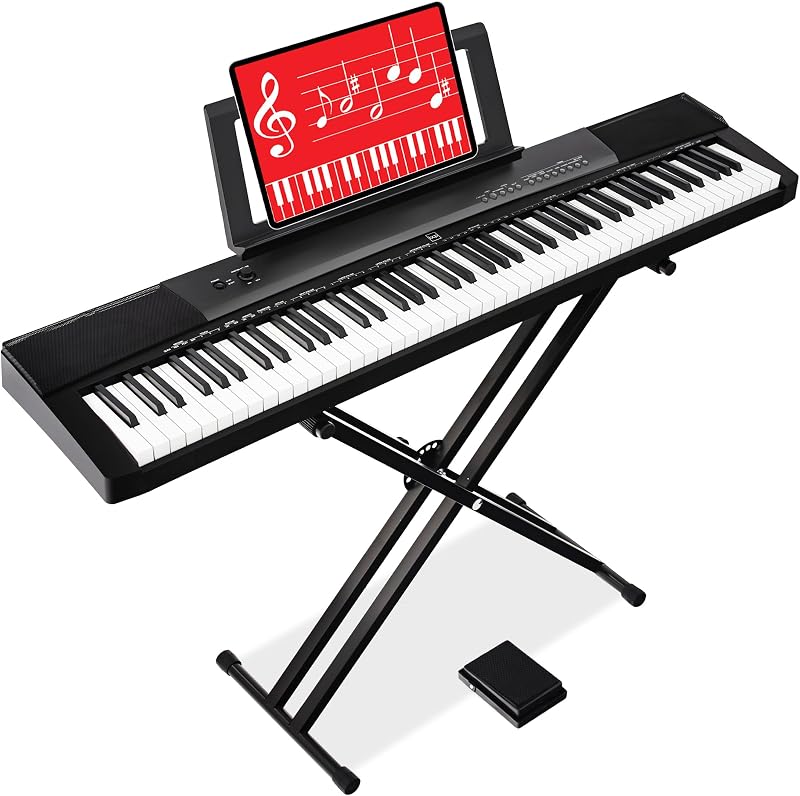 88-Key Full Size Digital Piano Electronic Keyboard Set for All Experience Levels w/Semi-Weighted Keys, Stand, Sustain Pedal, Built-In Speakers, 6 Voice Settings - Black