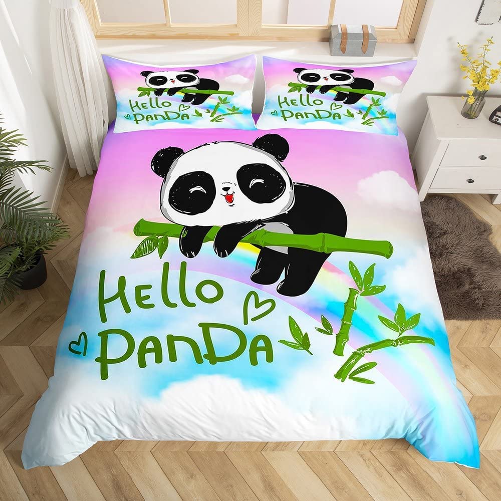 Kawaii Panda zestaw pościeli tęczowa pościel podwójna kolorowa galaktyka poszewka na kołdrę zielona bambusowa poszewka na kołdrę różowa chmura pościel urocze zwierzę poszewka na kołdrę 3 szt., 1