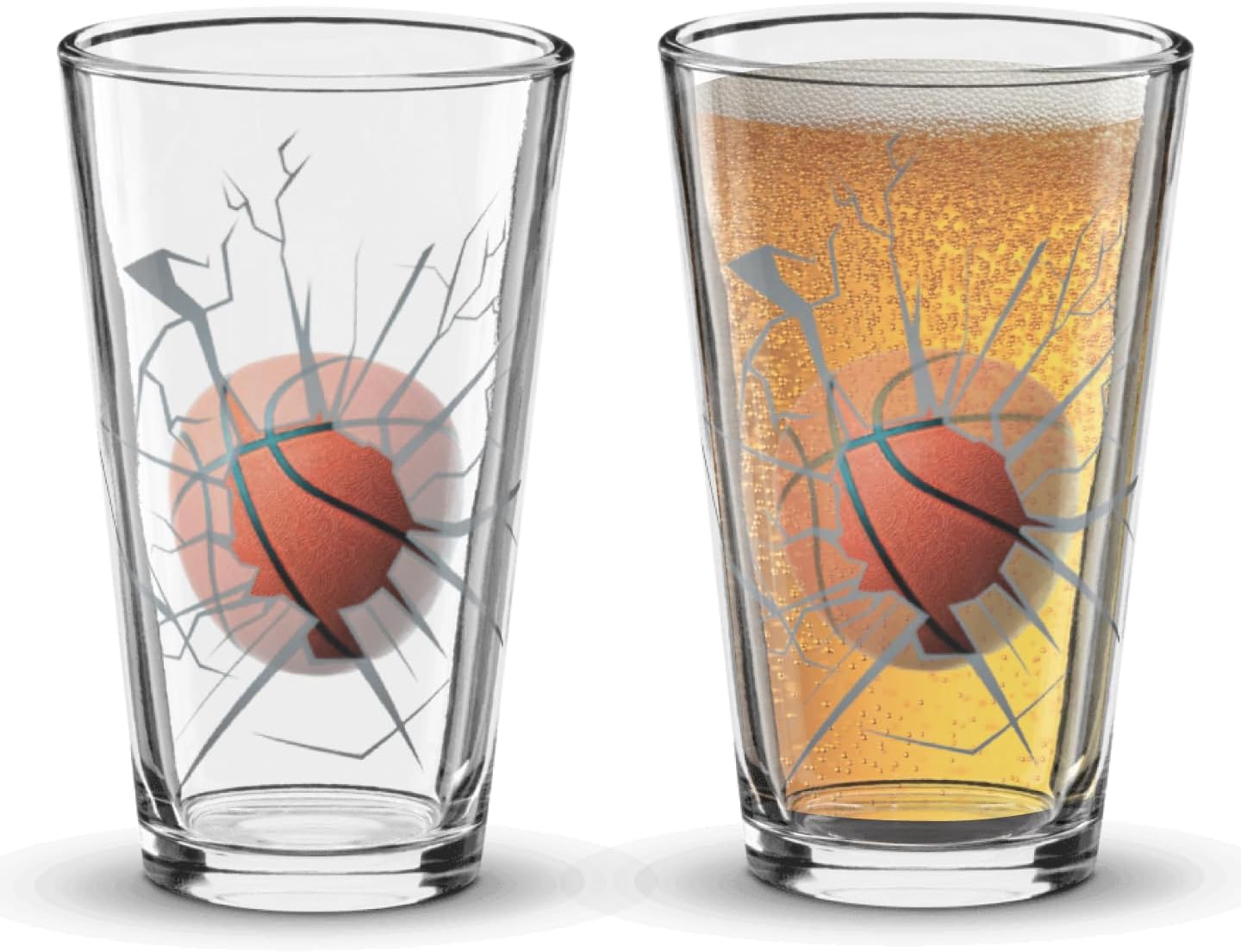 Sports Pint Glass, Smash Through Ball Shatter Effect Beer Glasses (6, Basketball)
