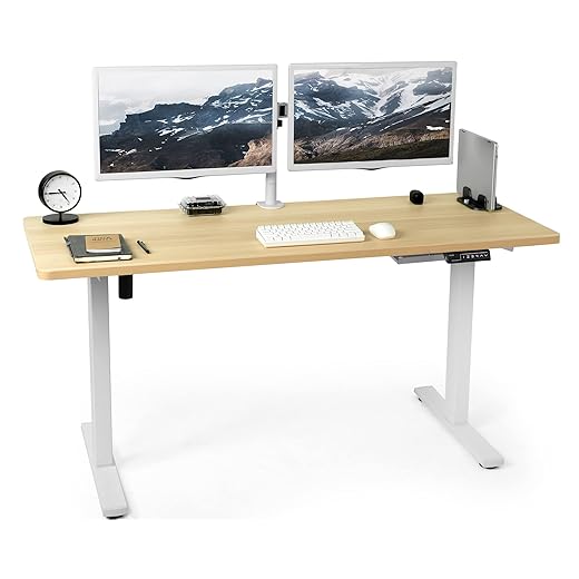 VIVO Electric Height Adjustable 60 x 24 inch Memory Stand Up Desk, Light Wood Solid One-Piece Table Top, White Frame, Standing Workstation with Preset Controller, DESK-KIT-1W6C
