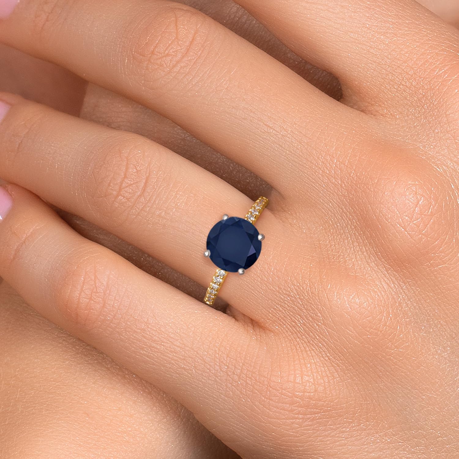 Gem Stone King 14K 2 Tone Gold Blue Sapphire and Lab Grown Diamond Engagement Ring For Women | 5.11 Cttw | Round 10MM | Gemstone Birthstone | Wedding Anniversary Promise Ring For Women - Image 4