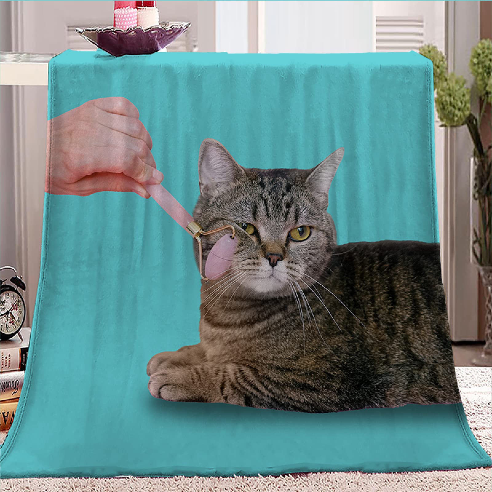 Couverture 150x200 chat bleu flanelle douce polaire pour canapé lit