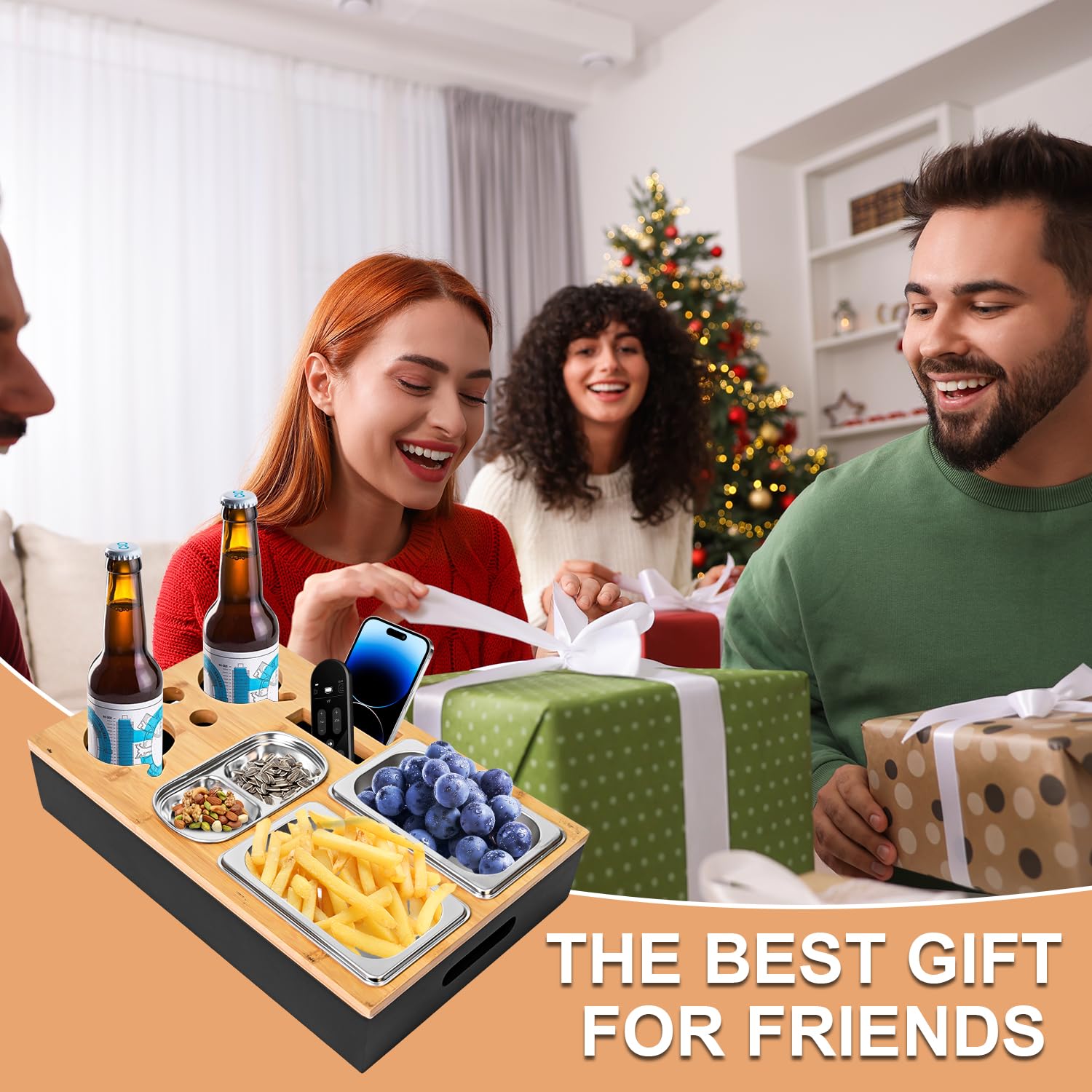 Couchbar Snackbox Schwarz Mit Snackschalen Aus Edelstahl Sofa Tablett Geeignet für Wohnzimmer, Sofa, Garten, Picknickparty (Schwarz)