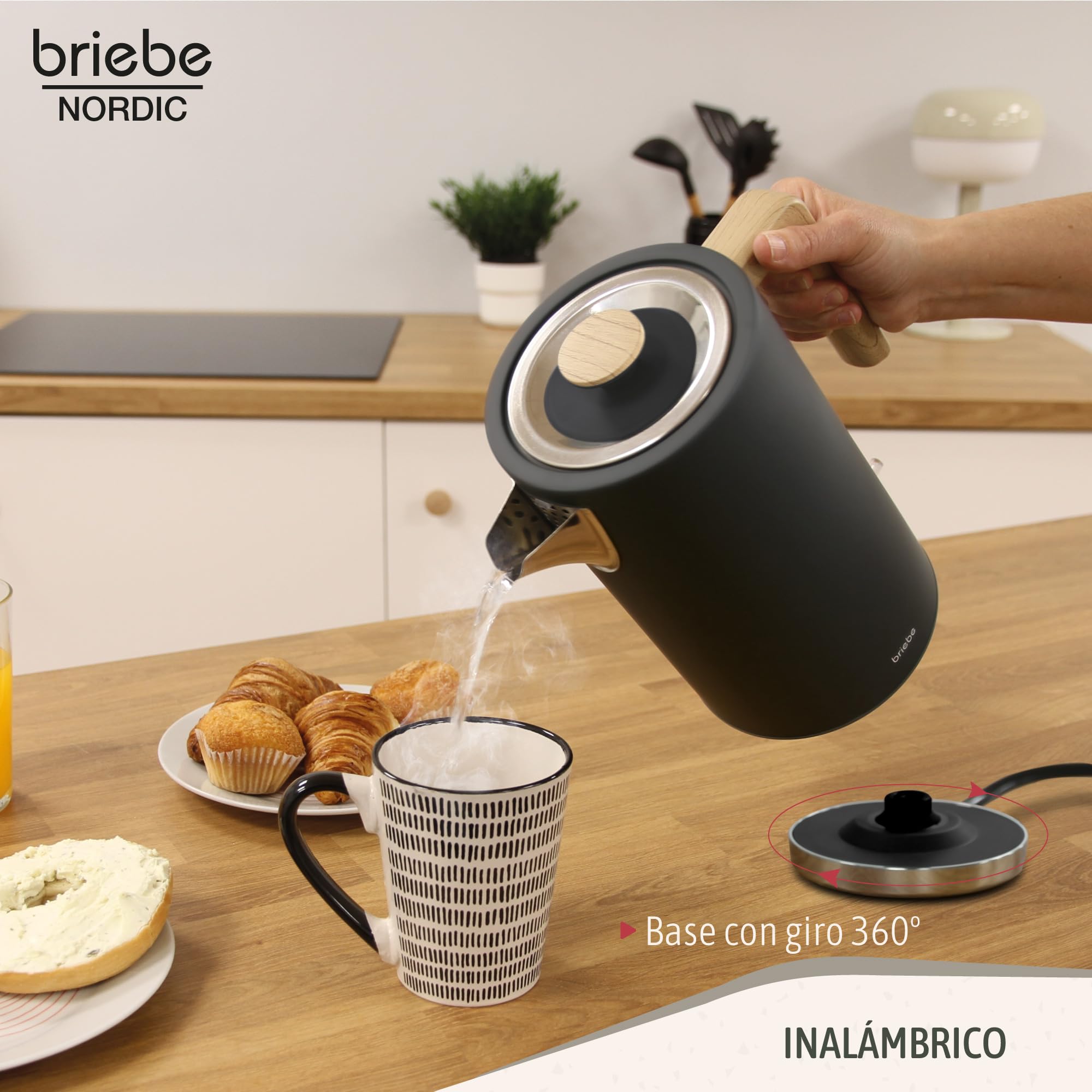 briebe Nordic Set Tostadora Pan Ranura Ancha 2 Rebanadas, 6 Niveles Tostado + Hervidor Agua Eléctrico 1,7L Inalámbrico, 2200W Ebullición Rápida, Libre BPA, Pack Desayuno Diseño Nórdico, Negro