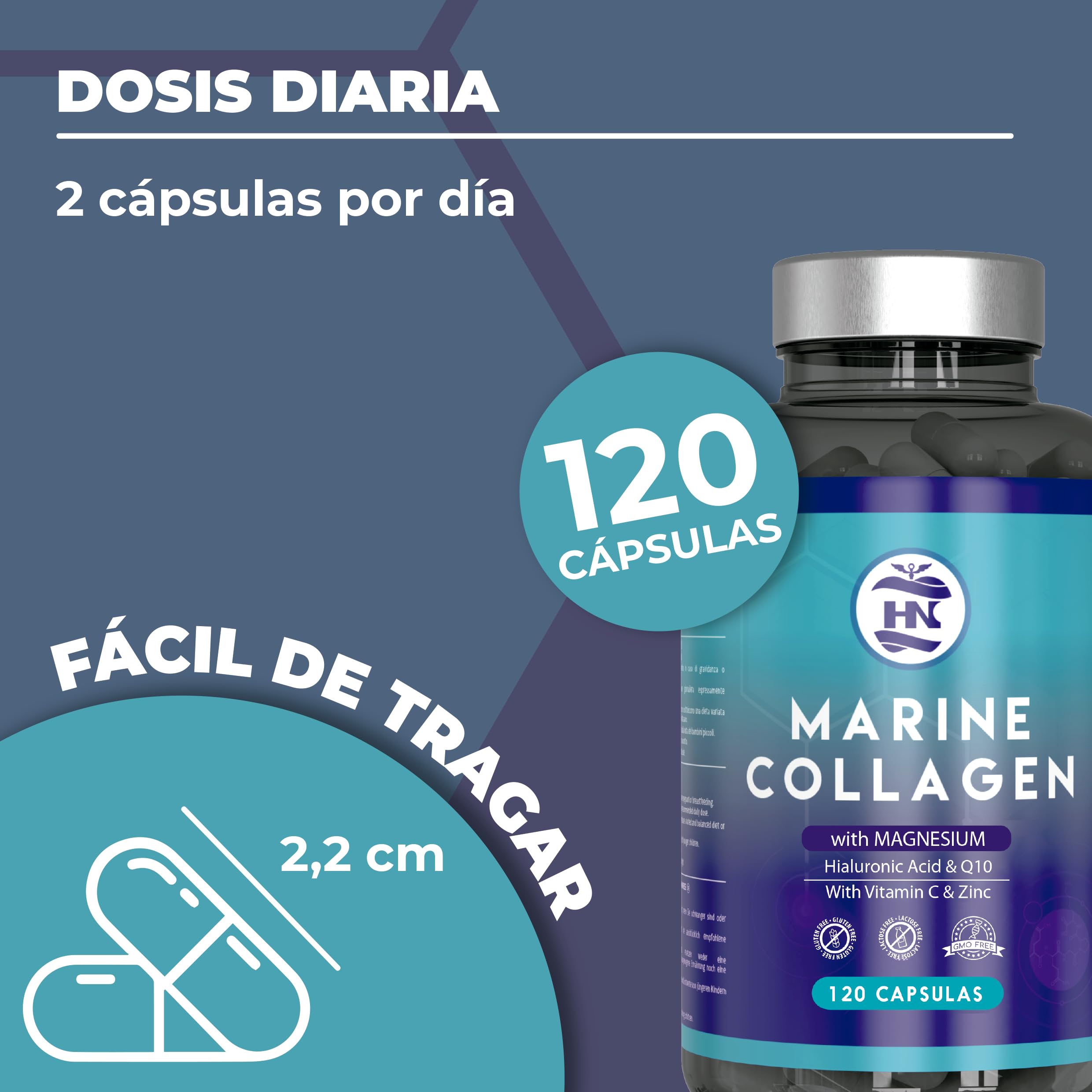 Colageno Marino Hidrolizado Puro con Acido Hialuronico, Vitamina C, Coéncima Q10 y Zinc, Marine Collagen, Colágeno Marino con Acido Hialurónico (120 Caps x 3 botes)