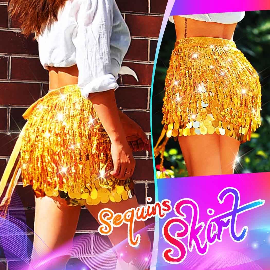 Unicra Gold Sequin Skirt Sparkly Fringe Skirt Glitter Belly Dance Hip Scarf for Women