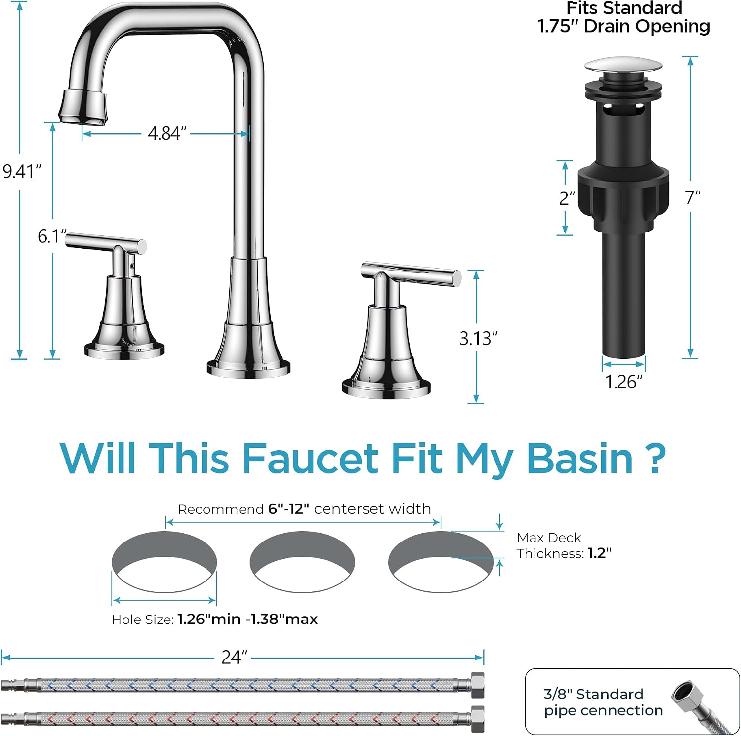 FORIOUS Widespread Bathroom Faucets Polished Chrome, 3 Hole Faucet for Bathroom Sink with Pop Up Drain for 8 Inch Vanity RV Camper Lavatory Sink