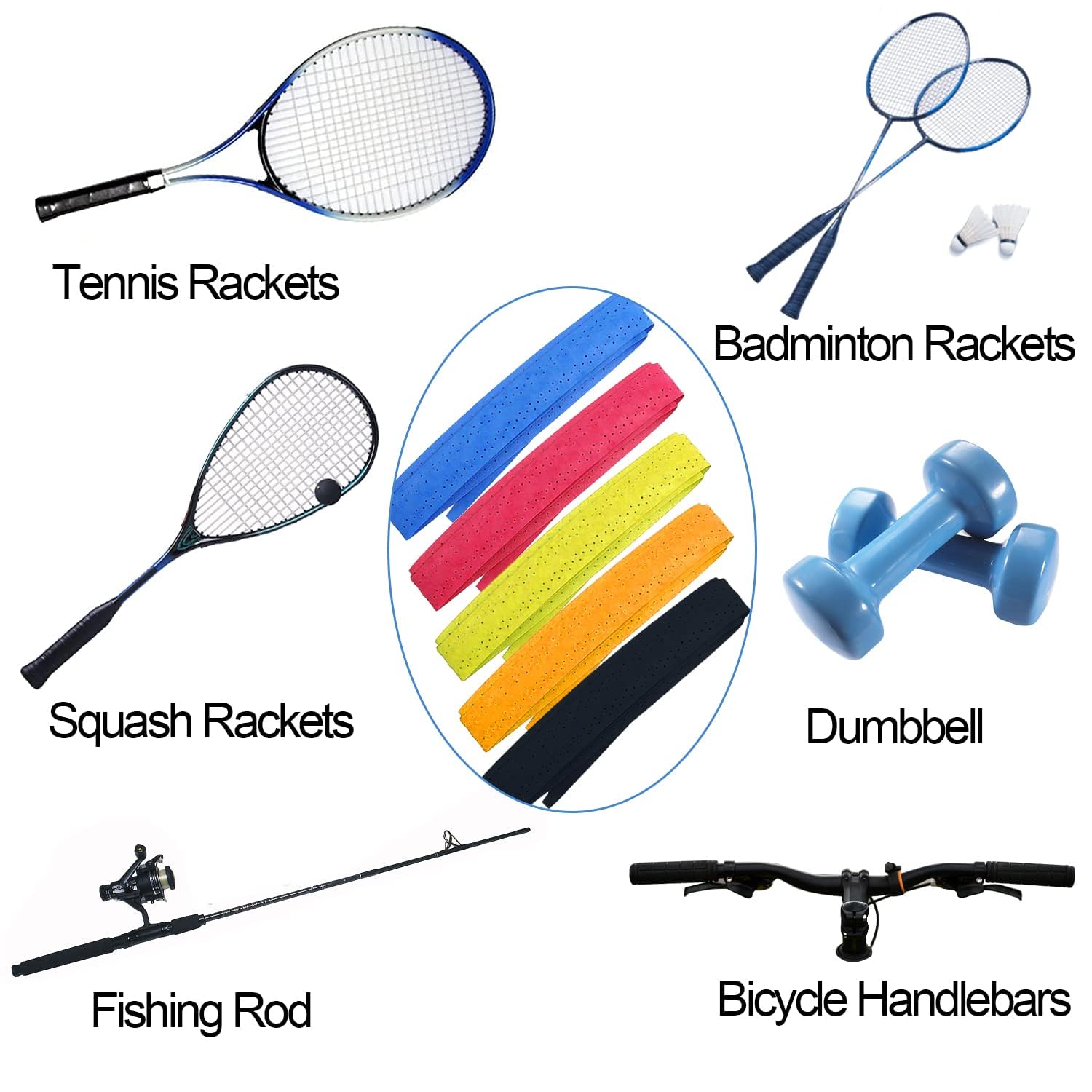 Lot De 5 Bandes Antidérapantes Pour Raquette - Tennis, Badminton, Squash, Personnalisation Couleur