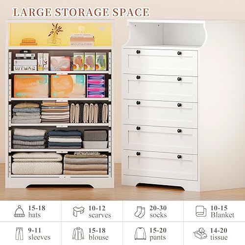 Miniatura 4 de EnHomee Cómoda para dormitorio, cómoda blanca con LED, cómoda alta con 5 cajones, cómoda blanca para dormitorio, cómoda de dormitorio y cómodas,