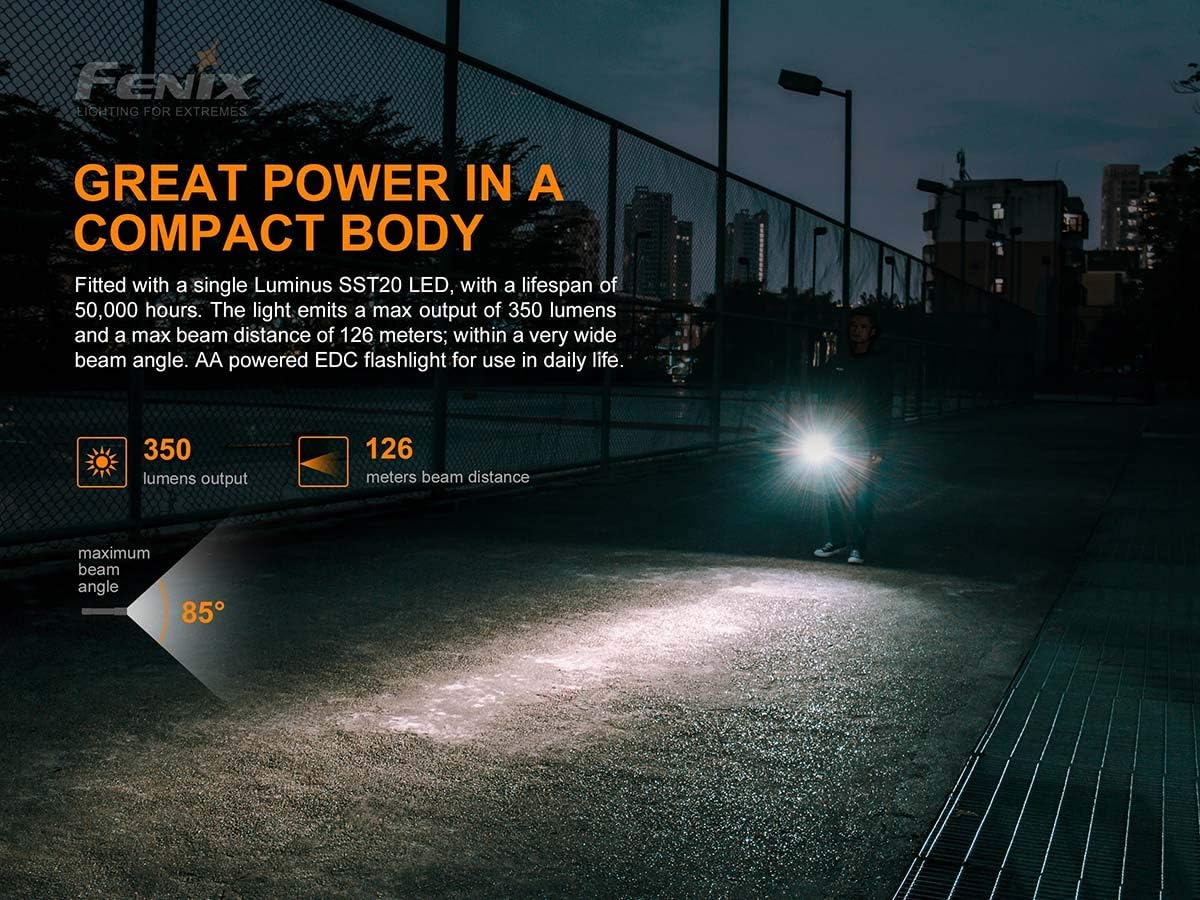 Fenix E20 V2.0 350 Lumens Flashlight with 4 Extra AA Batteries and a Lightjunction Battery Case