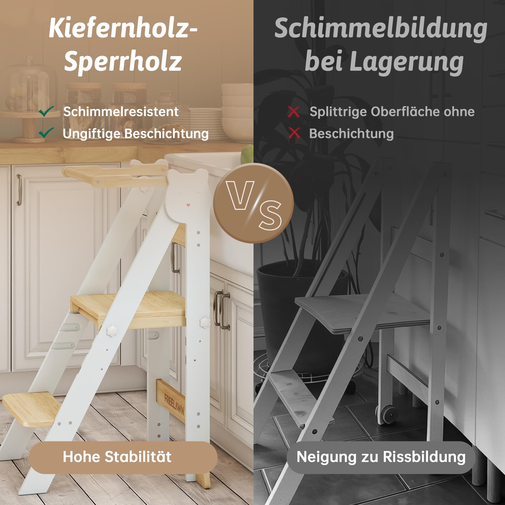 Lernturm Klappbar & 3-Fach Höhenverstellbar - Kippsicherer Learning Tower aus Kiefernholz - Mitwachsender Trittschemel für Kinder (1-5 Jahre) - Stabiler Küchenhelfer & Entdeckerturm (Weiß)