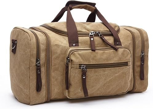 Large mens travel luggage bag, carry overnight bag, weekend handbag, waterproof canvas travel bagkhaki