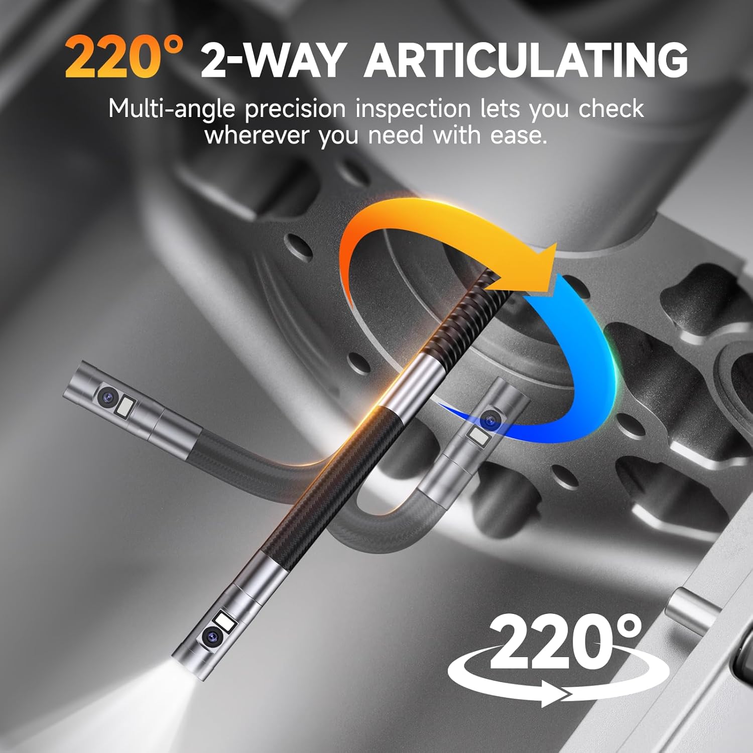 FOXWELL Dual Lens Articulating Borescope, 0.25in Slim 220° Two-Way Endoscope Camera with LED Light, IPS HD Screen, IP67 Waterproof Snake Camera for Automotive, Pipe, Wall & Engine Inspection – 5.3FT