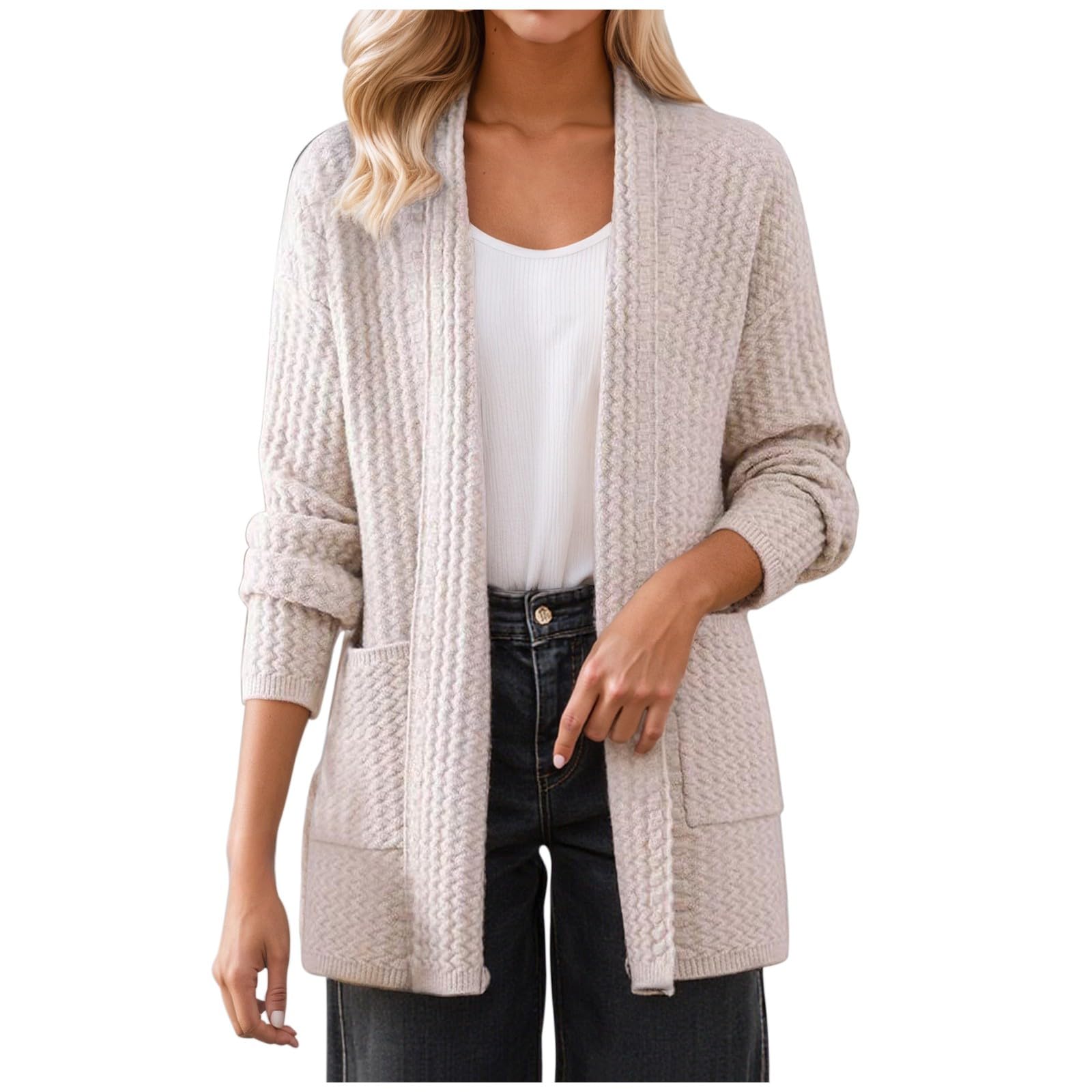 Women Cardigan Sweaters Open Front Long Sleeve Cable Knit Cardigans Fashion Casual Sweater Coat Outerwear with Pockets