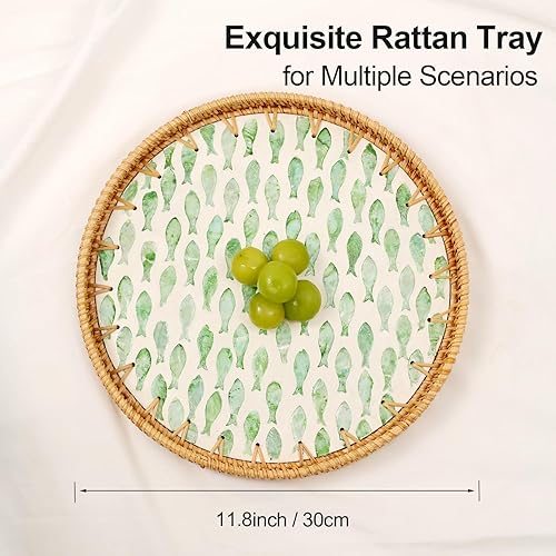 Miniatura 9 de Bandeja de ratán de 11.8 pulgadas con base de madera con incrustaciones de nácar  Bandeja redonda de mimbre tejida  Bandeja de mesa auxiliar para