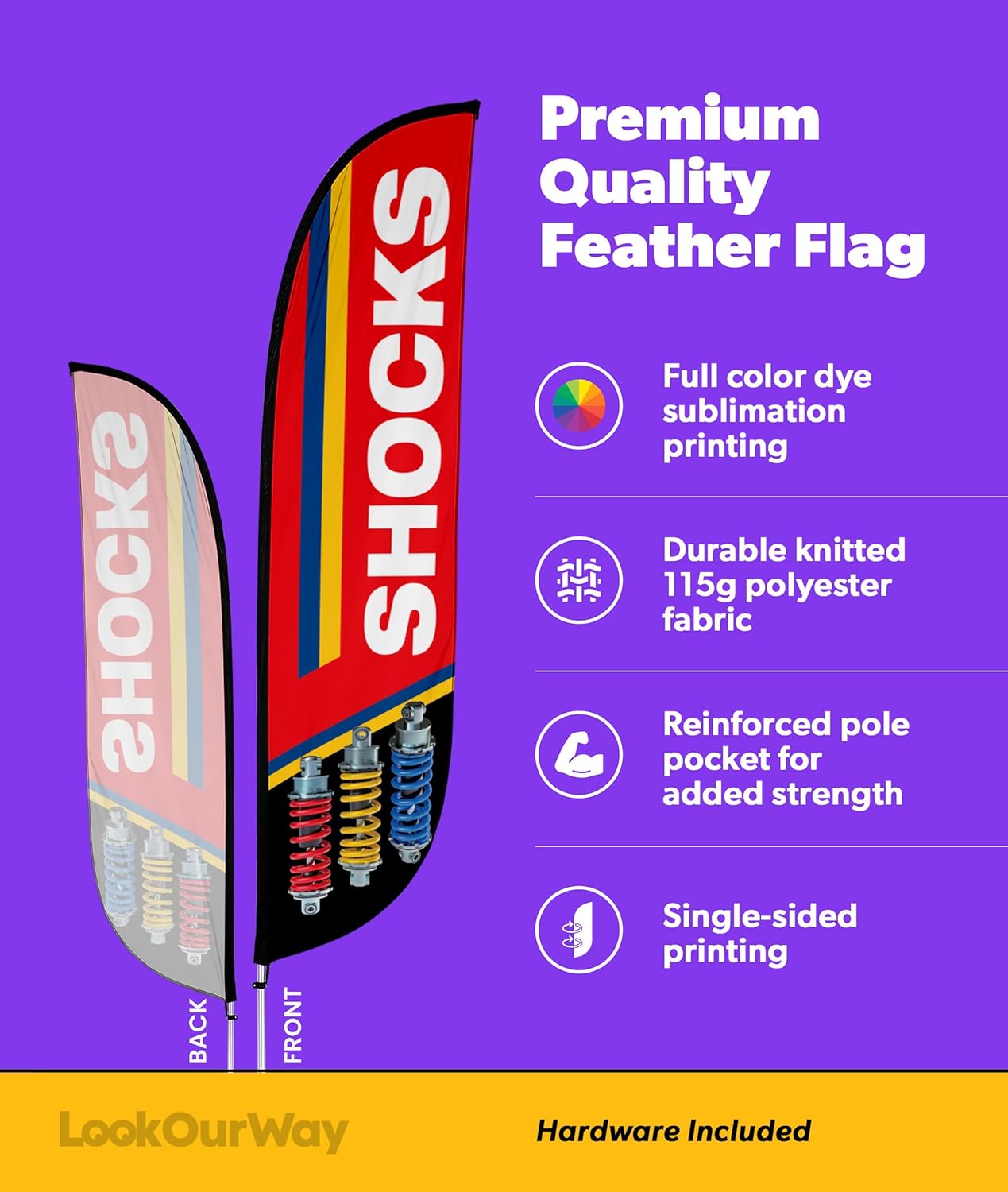LookOurWay Feather Flag Pole Kit - 12 Feet Tall Advertising Flag Banner with Fiberglass Pole Kit and Ground Spike for Business Promotion - Auto Repair Flag - Shocks - Red & White