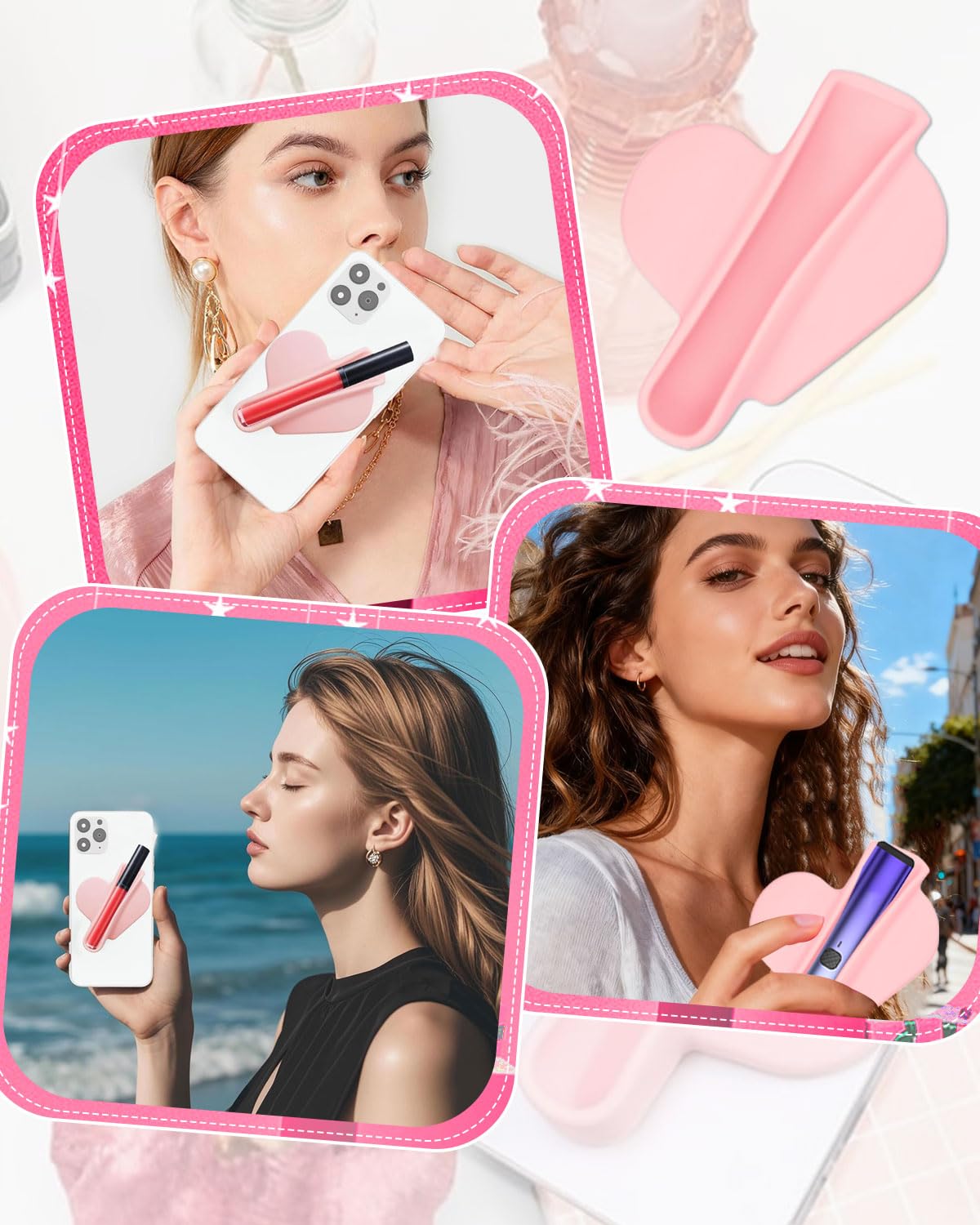 Supporto Per Telefono A Forma Di Lucidalabbra – Adesivo Silicone A Cuore, Portatile E Compatibile Con IPhone E Android, Rosa