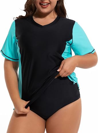Tournesol Womens Plus Size Rash Guard UV Sun Protection Swim Shirts Short Sleeve Swimwear Swimsuit Tops