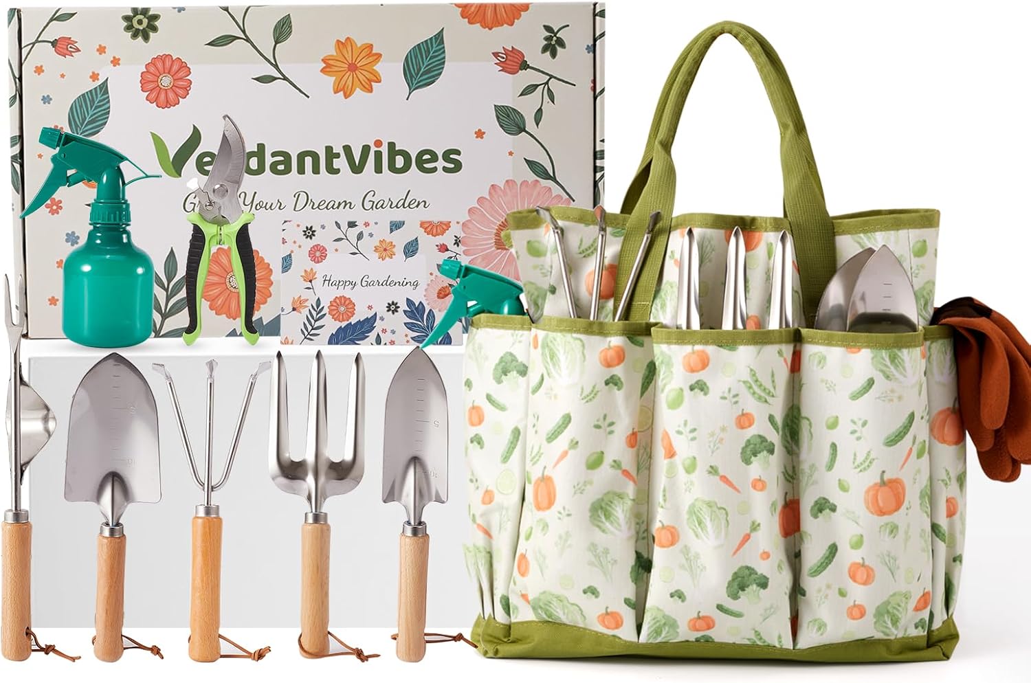 VerdantVibes 10-Piece Garden Tool Set - Heavy Duty Stainless Steel Gardening Kit with Wood Handle, Pruners & Vegetable Print Tote Bag - Unique Gardening Gifts for Women Mom Grandma