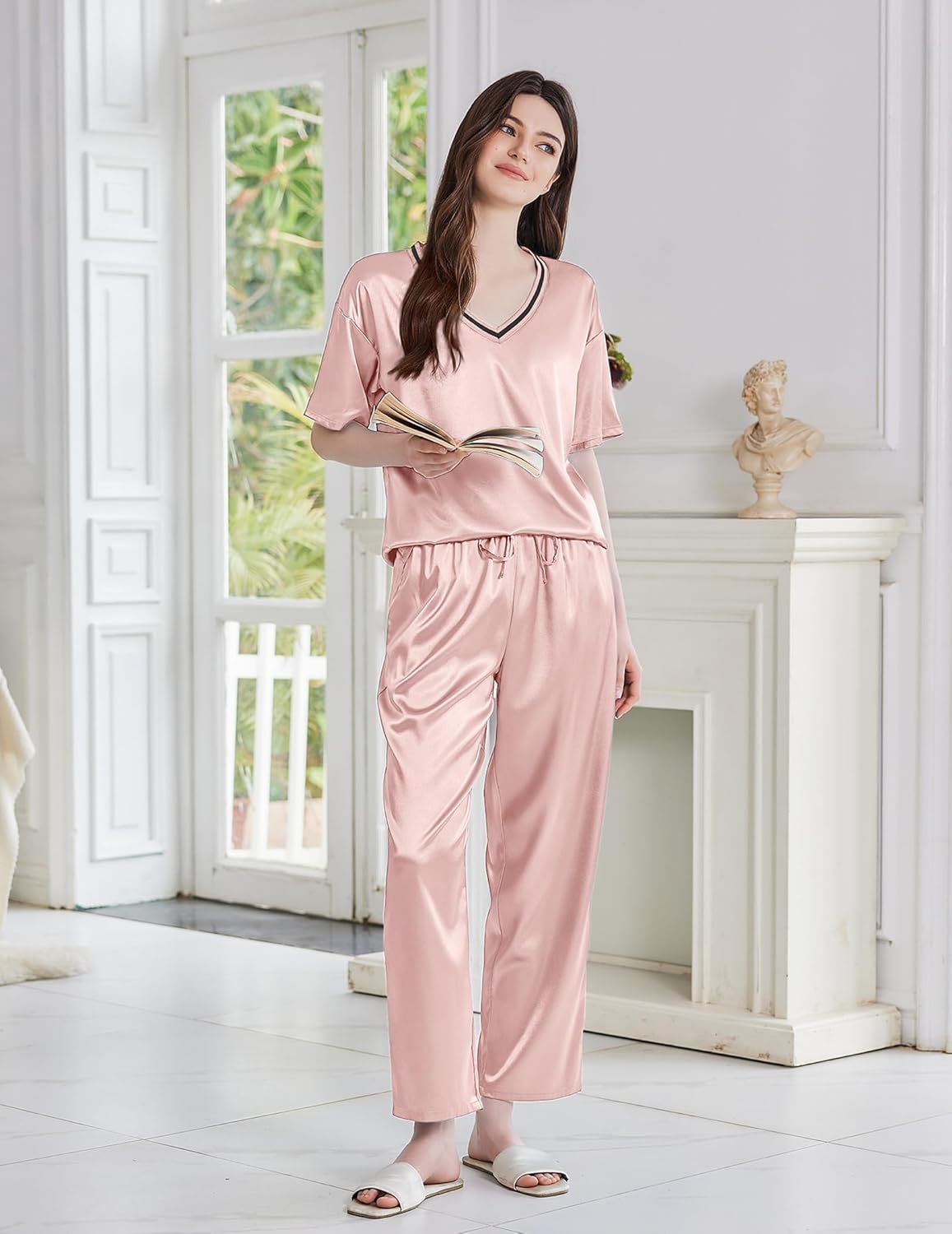Ekouaer Satin Pajama Set for Women Short Sleeve Silky Pjs 2 Piece Lounge Sets Soft Comfy Sleepwear Loungewear S-XXL - Image 4