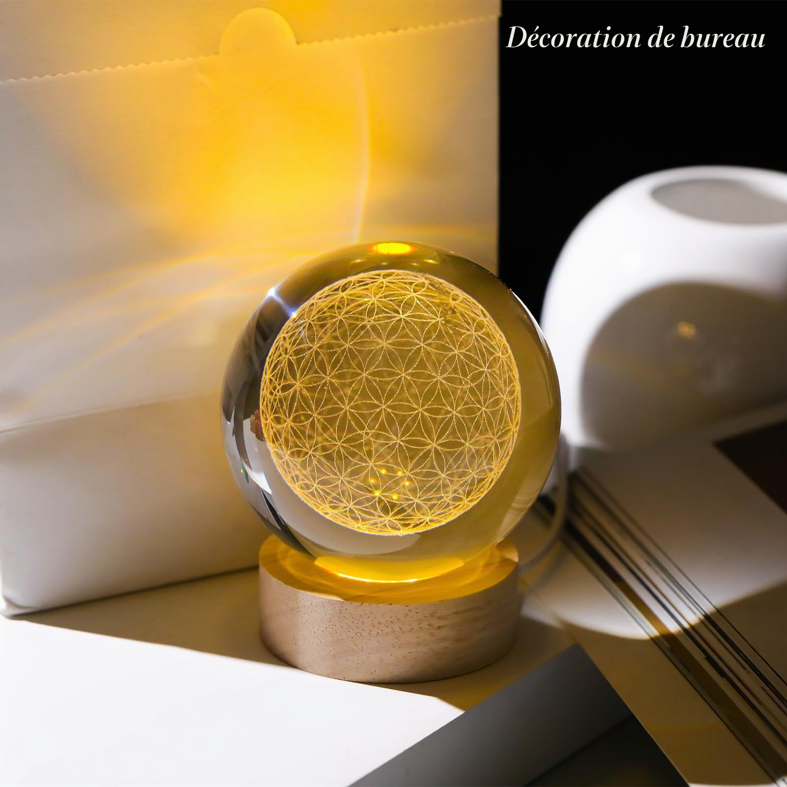 Arikyrist Boule de Cristal en Forme de Fleur de Vie gravée au Laser - Décoration d'intérieur - Géométrie sacrée - Presse-Papier - Cadeau pour Homme et Femme