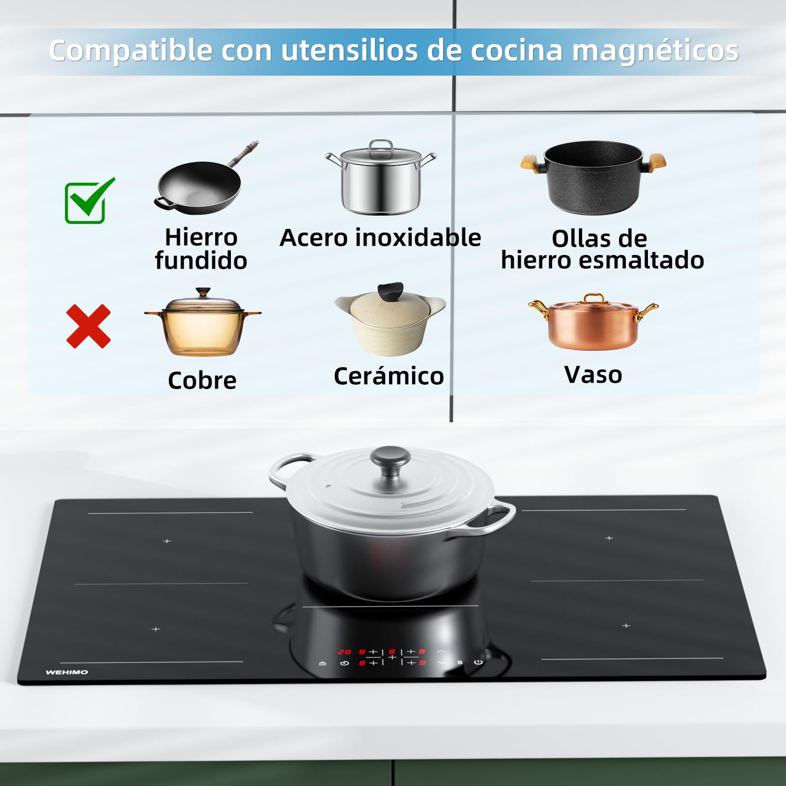 Placa Induccion 5 Fuegos, Control táctil, 9 niveles de Potencia，Temporizador, Protección térmica, Bloqueo para niños, Función de refuerzo