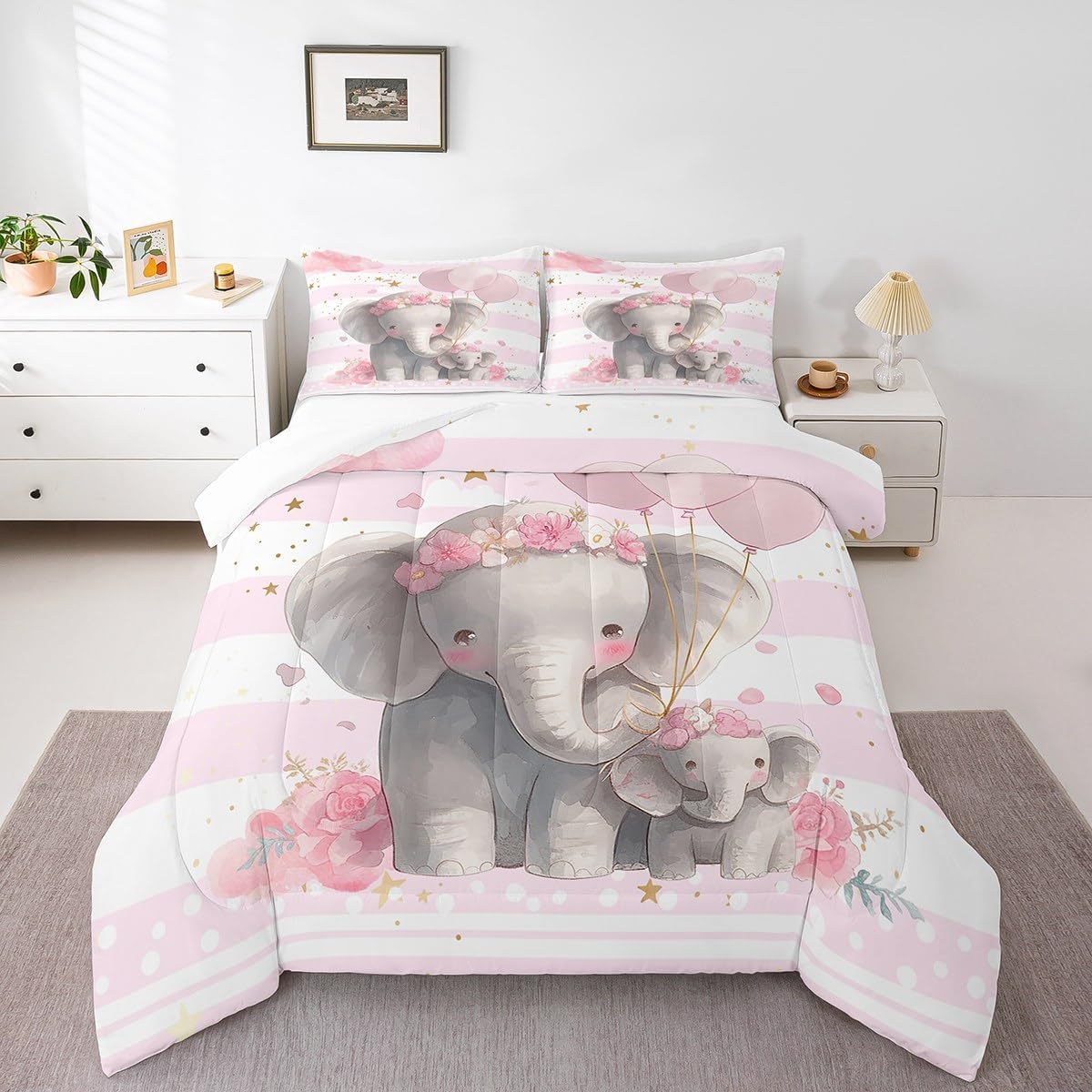 Castle Fairy Elephant Baby Comforter for Girls Kids,Pink Tie-dye Comforter Set Queen Size Home Decor,Soft Starry Sky Bedding Set,Wild Animals Teens Bedroom Down Duvet,1 Comforter with 2 Pillowcases