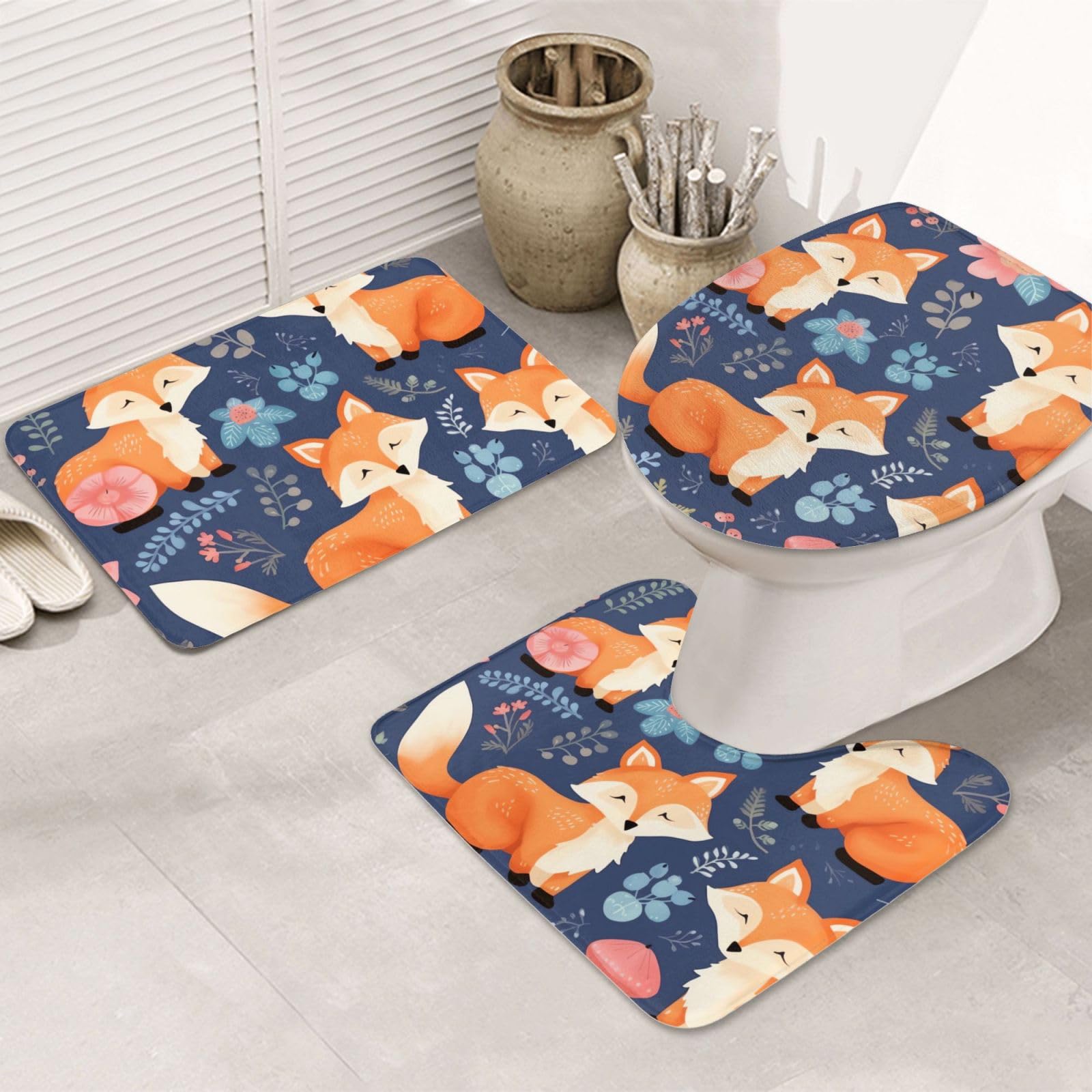 Tapis de bain lavable avec tapis contour et housse abattant WC renard