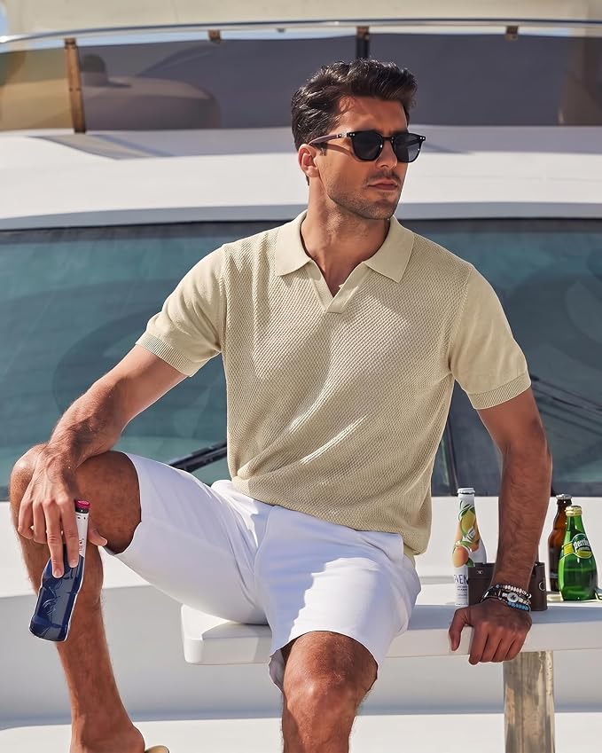 Camiseta polo para hombre manga corta tejido con cuello plisado miniatura 3