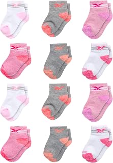 Infant & Toddler Girl's Comfort Cushion Quarter Cut Socks (12 Pack), Size 2T-4T, Pink/Grey