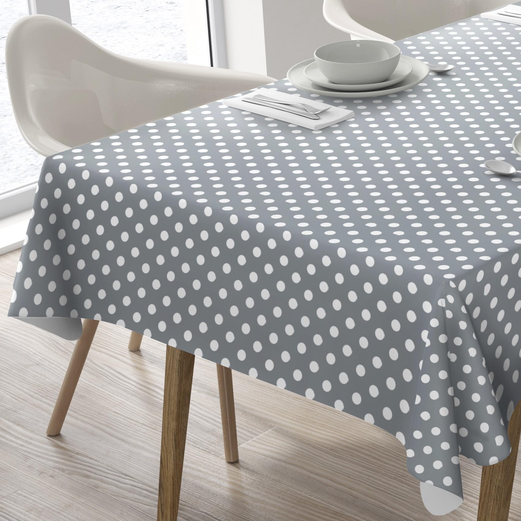 Home Direct Rectangular Oilcloth PVC Wipe Clean Tablecloth Table Cover 140cm x 180cm 55x70 Polka Dot Grey Light