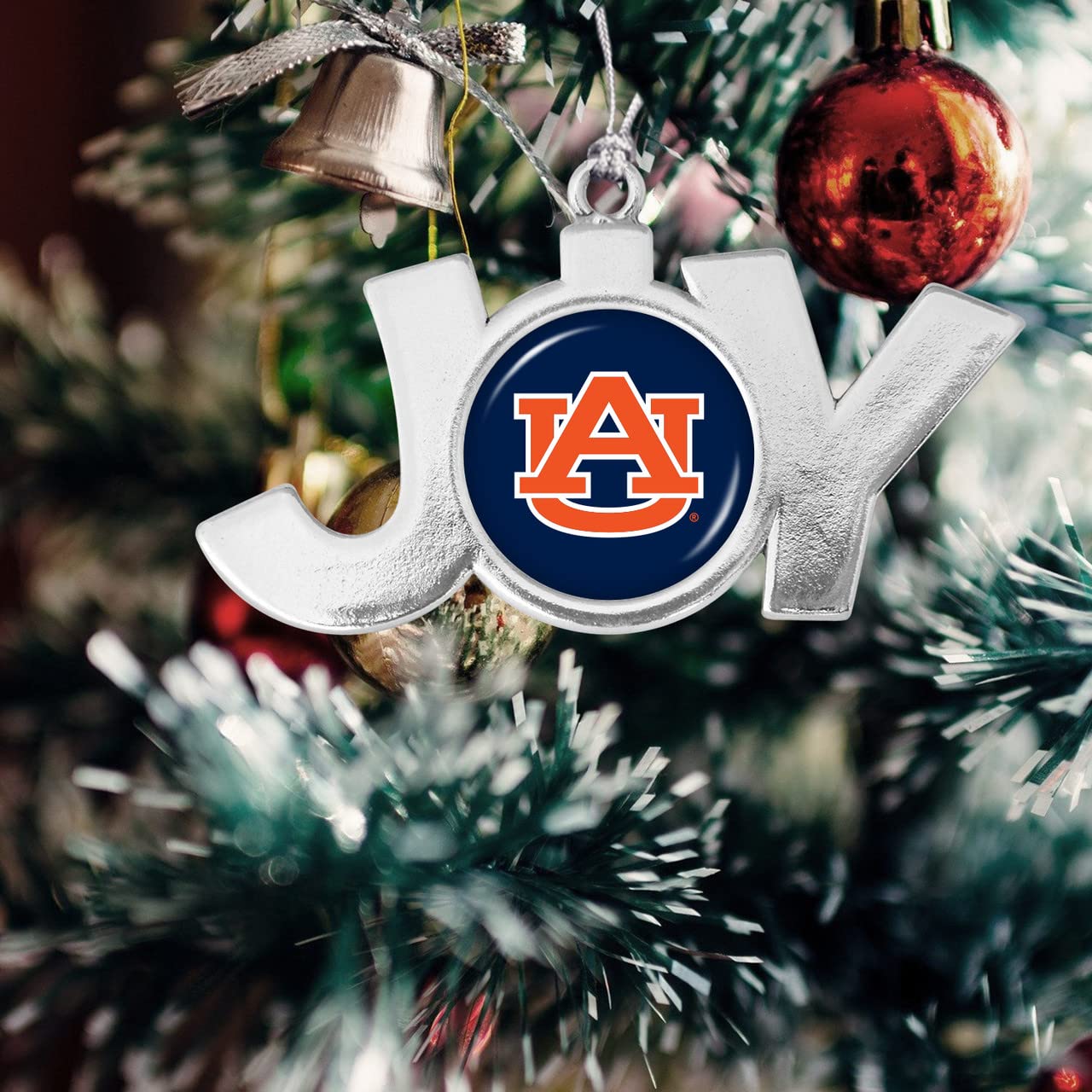Auburn Tigers Joy with Team Logo Silver Metal Christmas Ornament Gift Tree Decoration AU