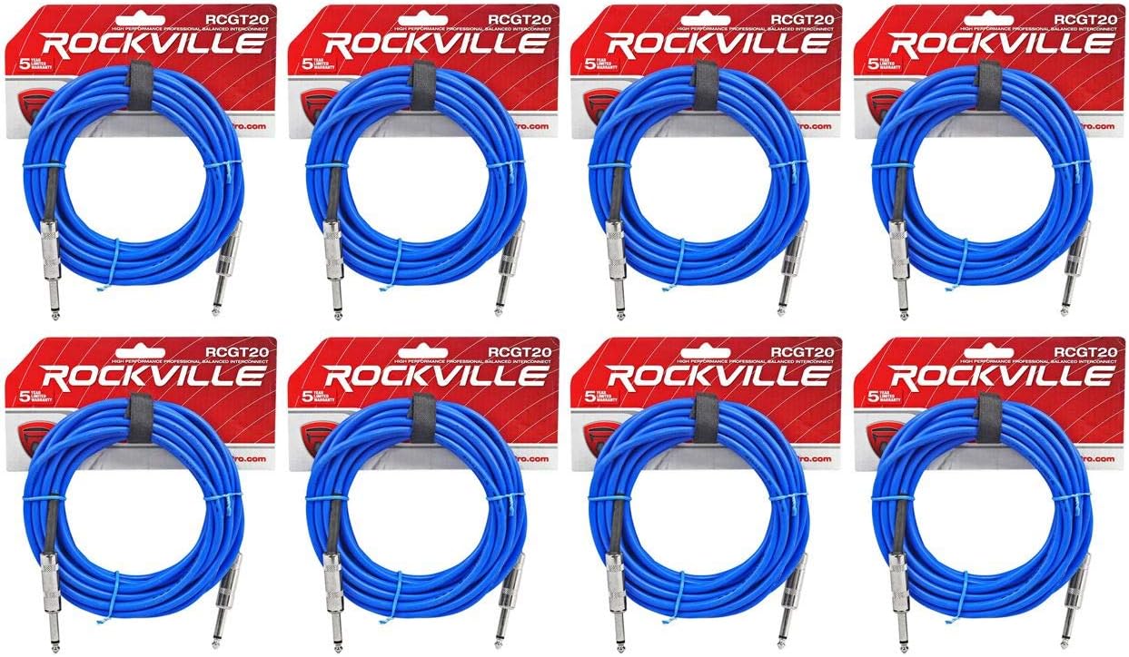 Rockville (8) RCGT20BL 20フィート 1/4インチ TSから1/4インチ TSインストゥルメントケーブル-ブル