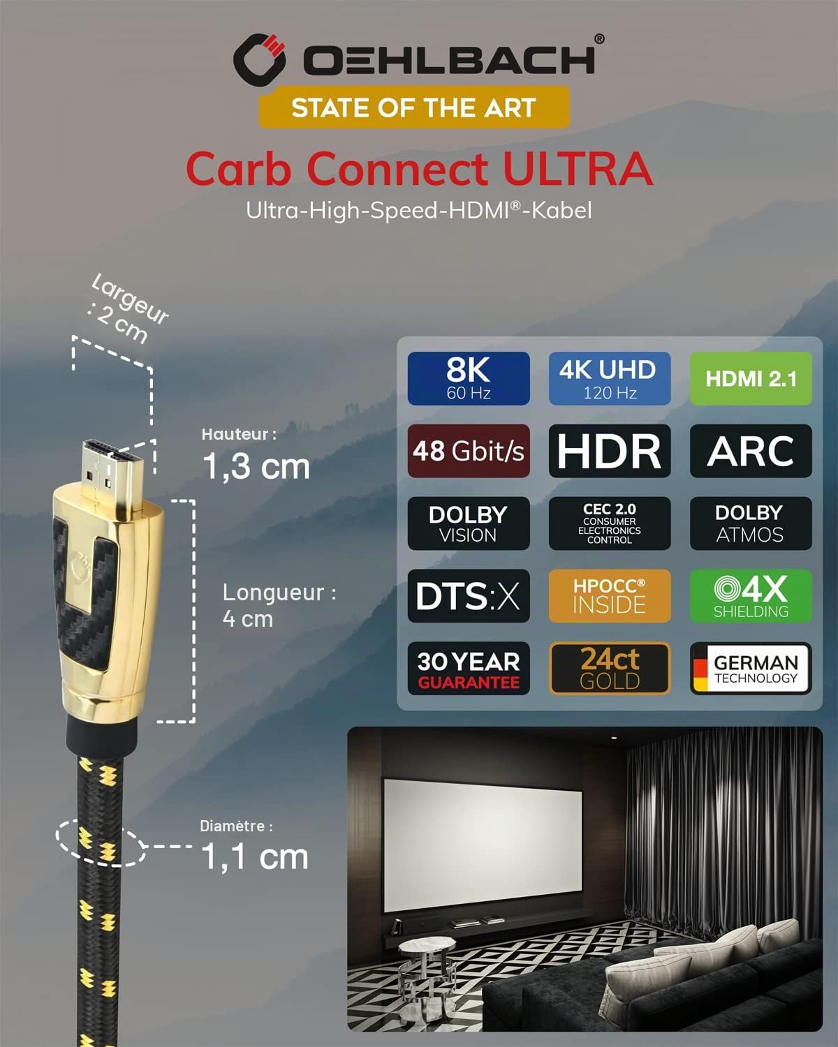 OEHLBACH Carb Connect Câble HDMI 2.1 ultra haute vitesse – 48 Gbps, 8K/60Hz, 4K/120Hz, cuivre HPOCC® monocristallin, contacts plaqués or 24 carats, quadruple blindage, connecteurs entièrement