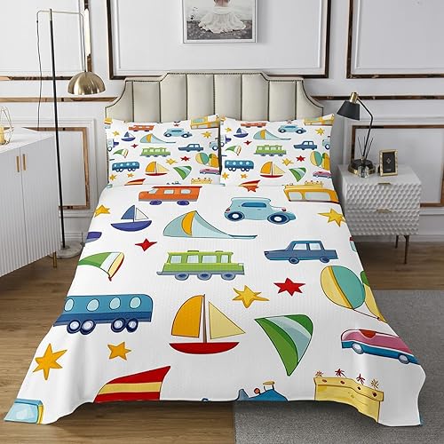 Erosebridal Juego de edredón de tren individual, juego de colcha de coche de dibujos animados para niños, juego de colcha de avión, velero para