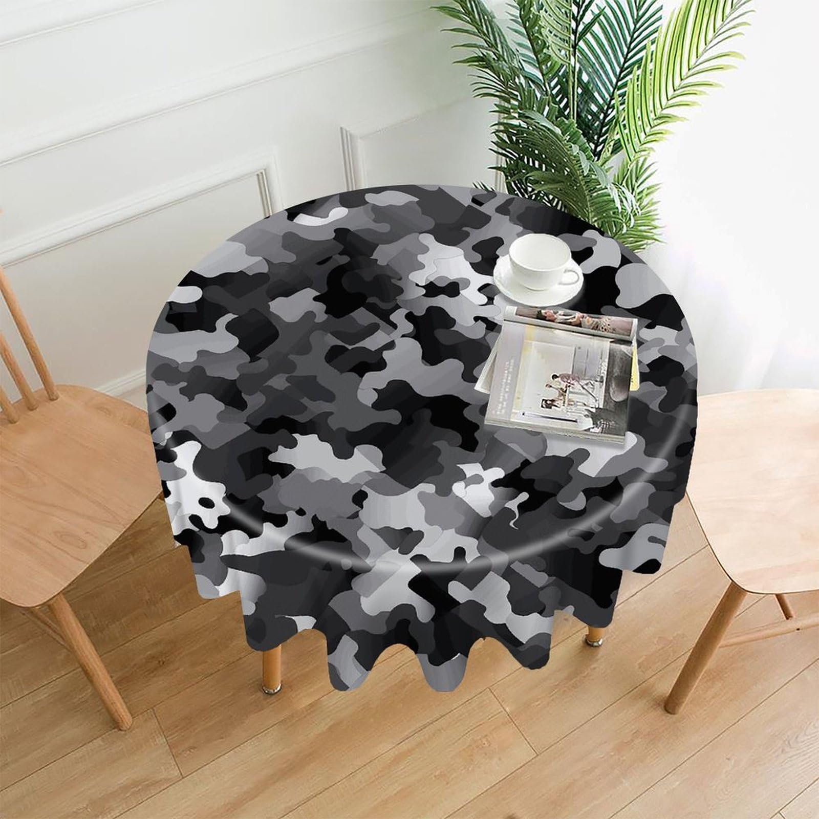 VstaDank Black White Gray Camouflage Table Cloth Fashions Washable Round Tablecloth Decorative Table Cover Comfortable Straight Edge Tablecover for Dining Kitchen Party Outdoor 60 Inch