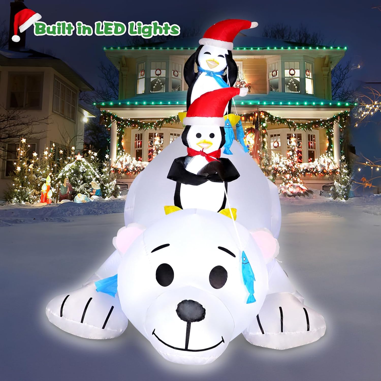 6 FT Christmas Inflatable Outdoor Decoration Polar Bear with Penguins, Xmas Blow Up Yard Decoration with Built-in LED Lights, Suitable for Christmas Party Outdoor, Yard, Garden, Lawn Holiday Decor