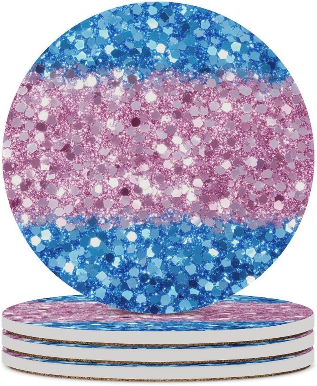 Transgender Flag Seqiun Glitter Round Ceramic Coasters Print Drinks Absorbent with Cork Base for Home Decor Gifts 4 Inch