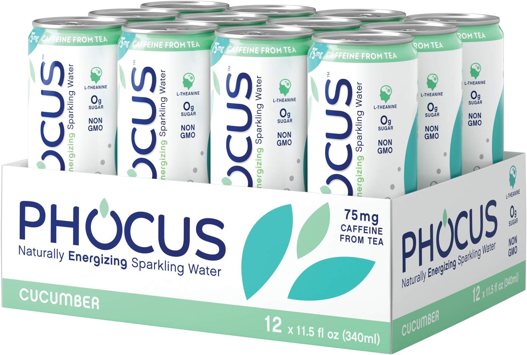 Phocus Caffeinated Sparkling Water - Clean Energy with Caffeine + L-Theanine Cucumber - 0 Sugars, Calories or Carbs - Non GMO, Whole 30, Keto, Vegan, Kosher - 11.5 Fl Oz. (12 Pack)