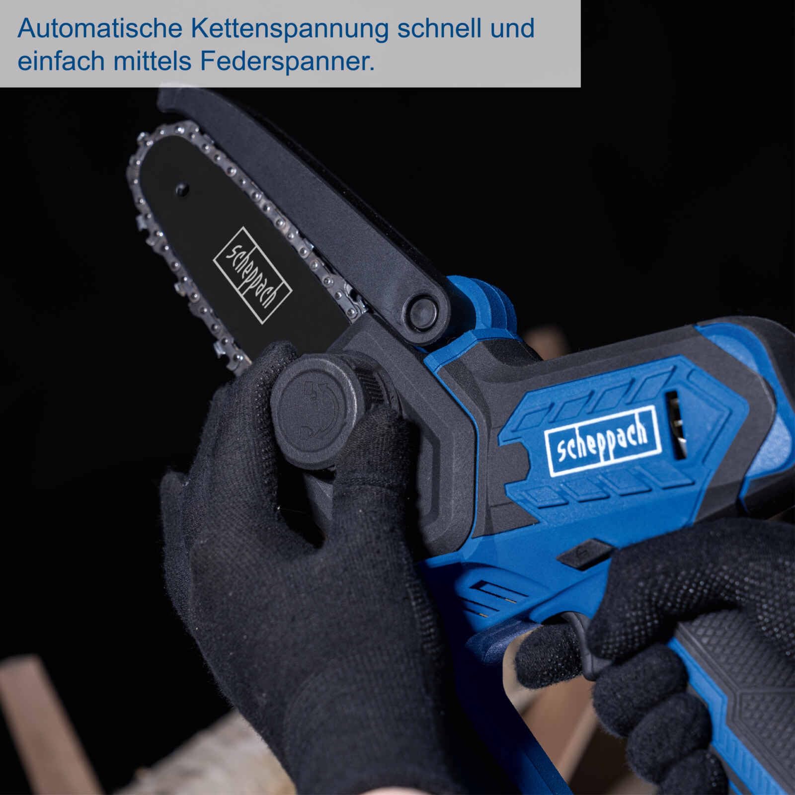 Scheppach Akku Gehölzschneider C-PS100-X Mini Kettensäge | Schnittlänge 127mm | Schnittgeschwindigkeit 4,8 m/s | Schwert & Kette 5" | 20V-IXES-Serie | 10 Jahre Garantie | mit 2x 2Ah Akku & Ladegerät