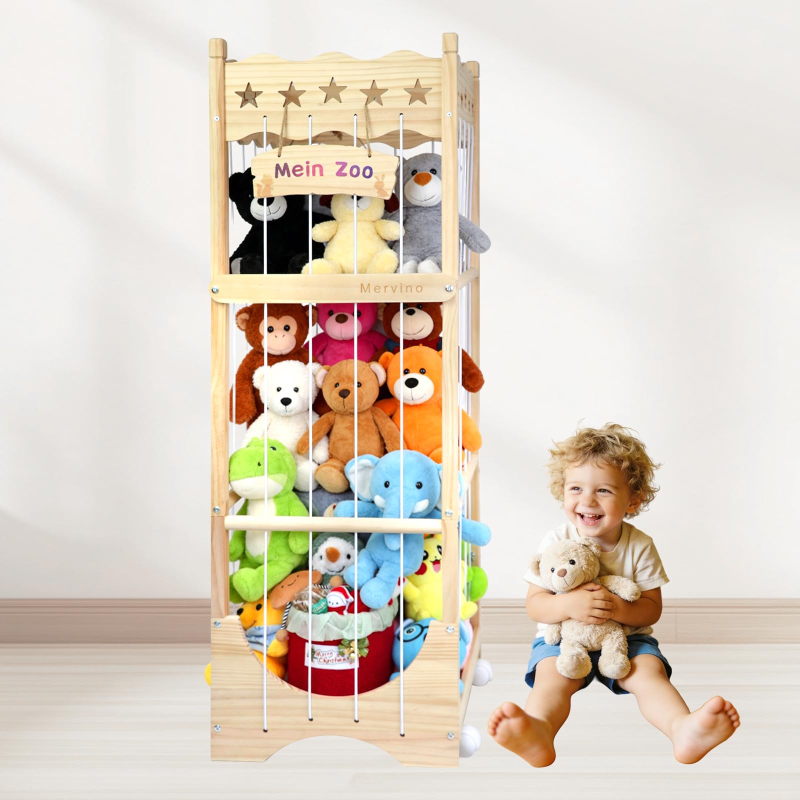 Mervino Holz Kuscheltier Aufbewahrung, mit Gummis & Rollen | Stofftier Aufbewahrung für Kinderzimmer & Spielzimmer, mit Gummis & Rollen, Massivholz, platzsparend