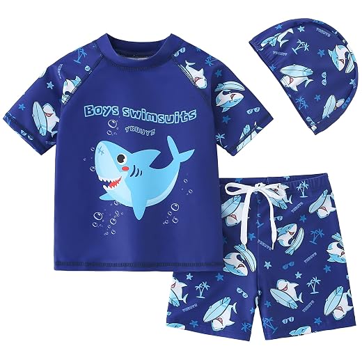 AIWUHE Conjunto de roupa de banho infantil para meninos Rash Guard, roupa de banho de duas peças e sunga com chapéu FPS 50+ 3-8 anos