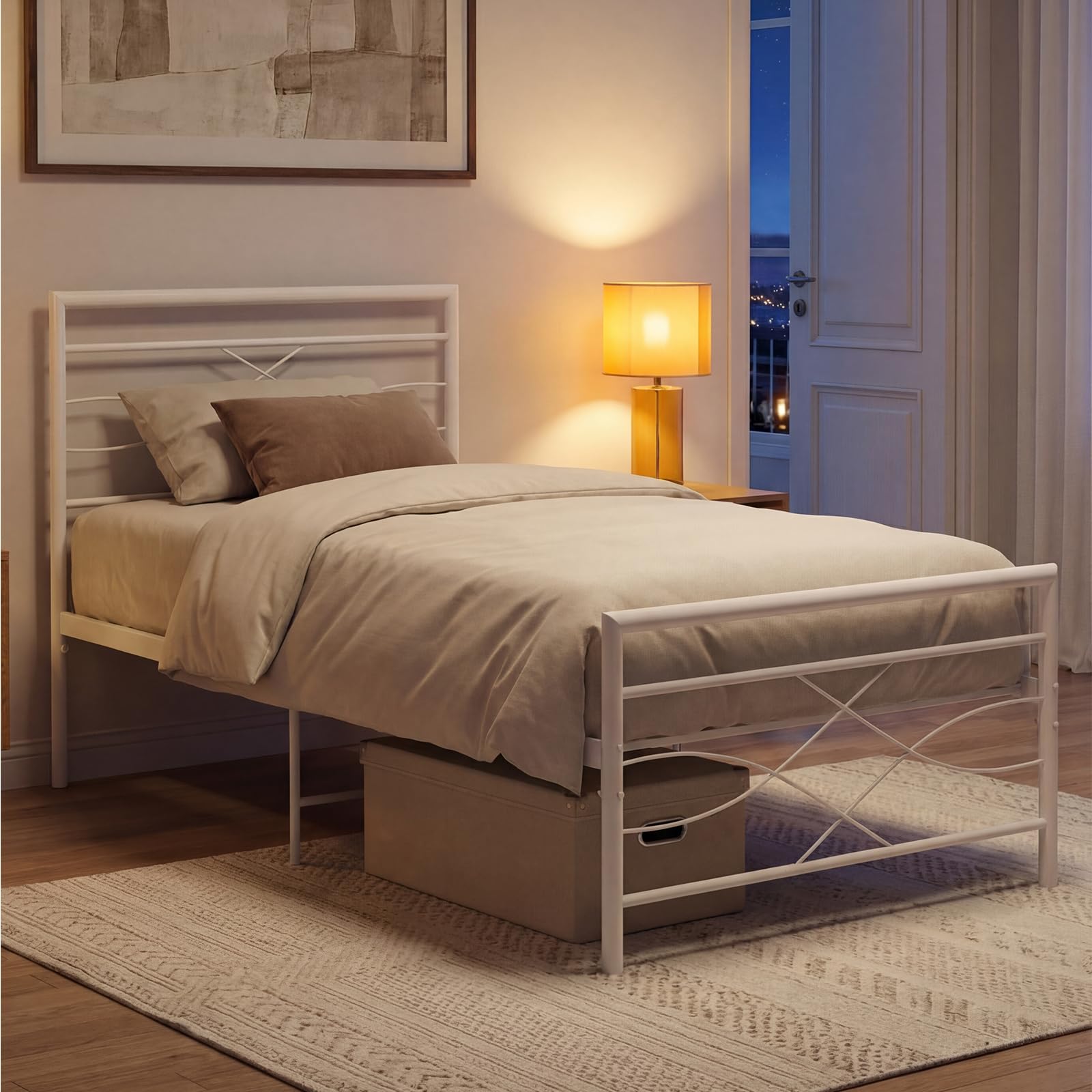 Panana Single 3FT Metal Bed Frame with Headboard and Footboard, 28cm Large Underbed Storage Space (White, 3FT)