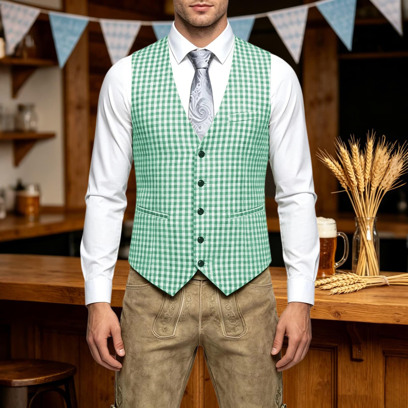 Gilet da uomo a quadretti, con scollo a V, per Oktoberfest | Tessuto twill leggero con classico motivo a quadri, versatile da abbinare con camicie, per Oktoberfest, matrimoni e feste