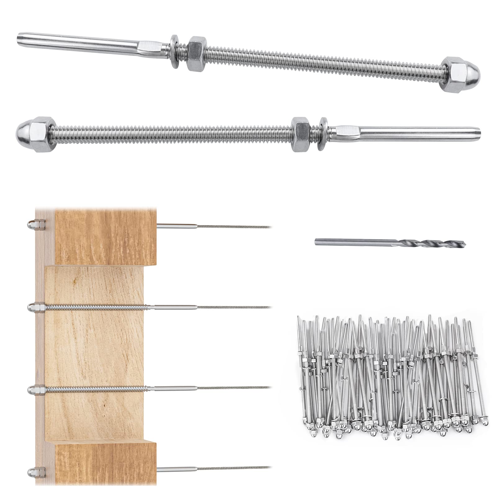 Muzata 60 Pack Cable Railing Kit Hand Swage Threaded Stud Tensioner for 1/8" Cable Railing System 4x4 2x2 Wood Metal Post Cable Railing Hardware T316 Stainless Steel CR39 CA6