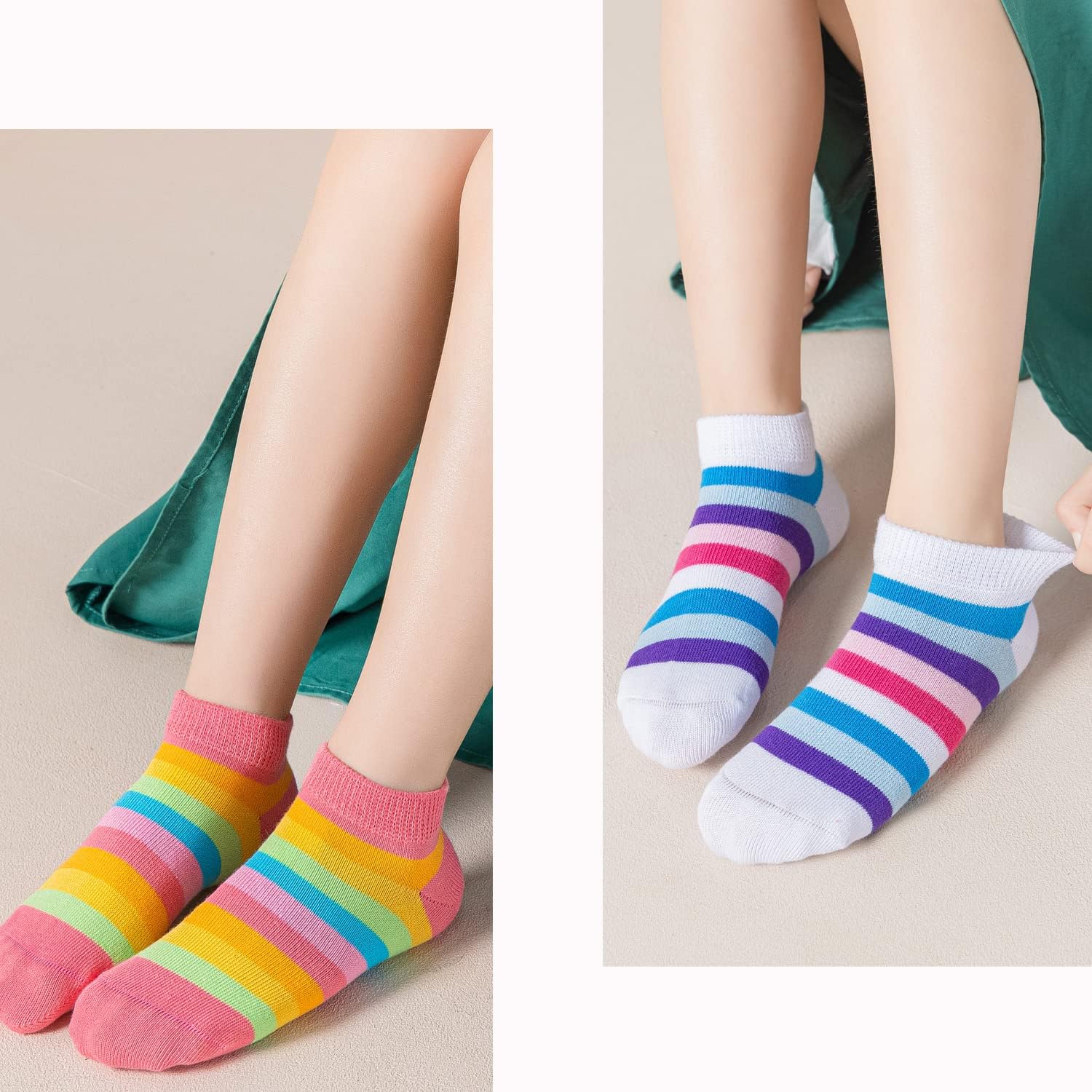 Marchare Girls Seamless Socks Rainbow Stripes Cotton Socks Kids School Crew Socks 5 Pack - Image 2