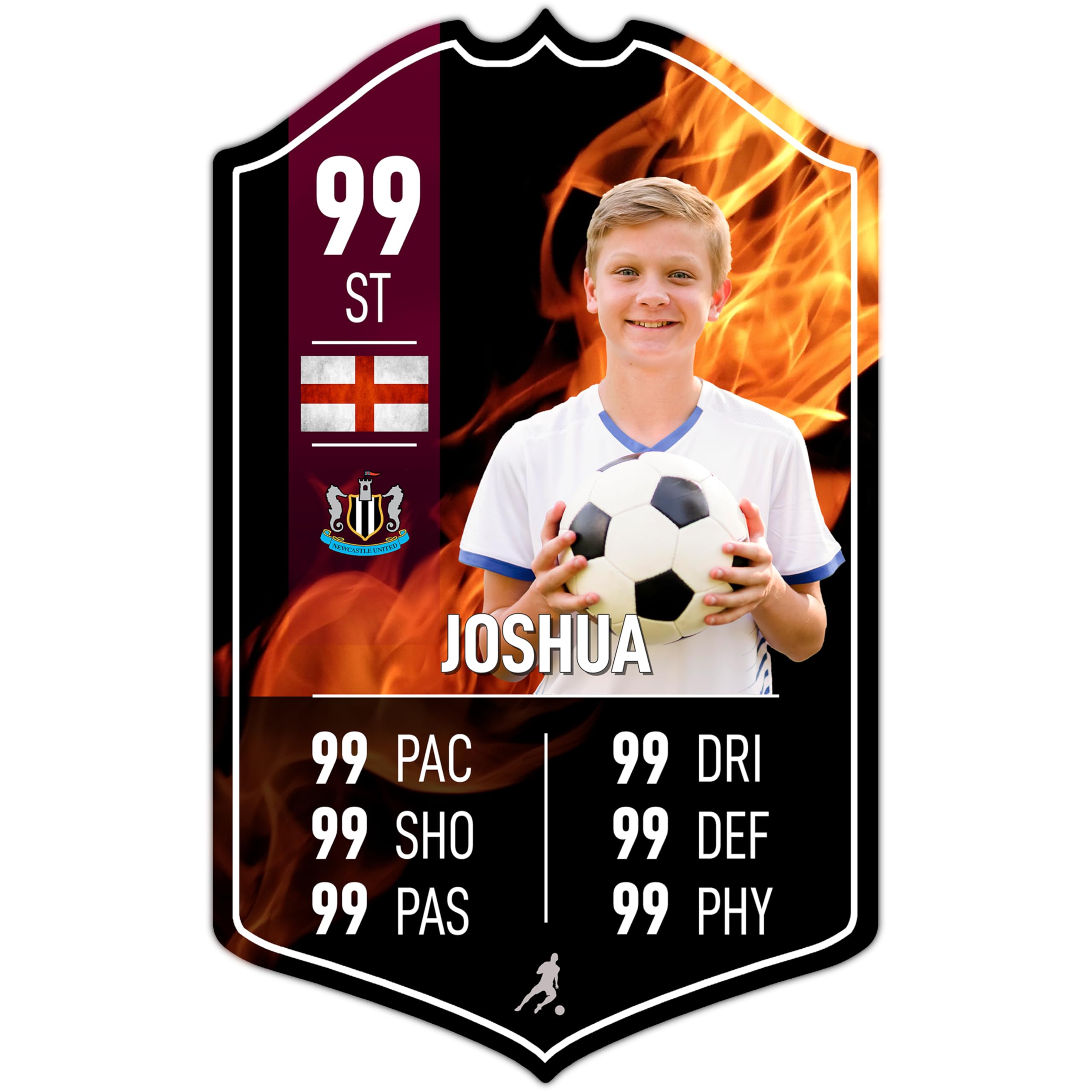 ShopQuality4U Personalise Football Card Player Stats Shield - Fire Background Printed Metal Shield Sign Wall Art A5 Player Add Name (12x20cm)