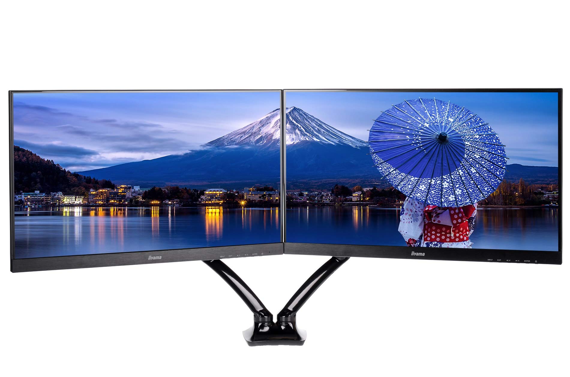 iiyama DS3002C-B1 Soporte de Mesa para doble Monitor de hasta 27 pulgadas (Abrazadera para mesa, brazo articulado con gas y muelle, máximo 5 kg por monitor), Negro