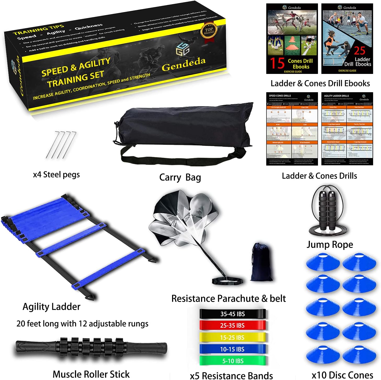 Gendeda Speed Agility Training Set, Includes Agility Ladder, Jump Rope, Resistance Parachute, 5 Resistance Bands, 10 Cones and Muscle Roller Stick, Speed Training Equipment for Soccer Football (Blue) : Sports & Outdoors